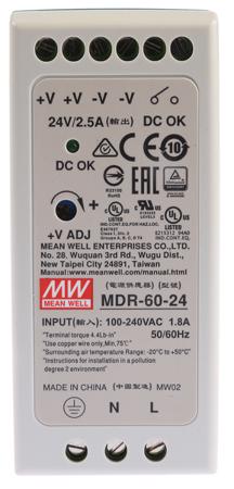 MDR-60-24 Switch Mode DIN Rail Panel Mount Power Supply, 60W, 24V dc/ 2.5A