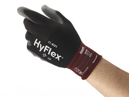 11601070 Ansell HyFlex 11-601 Black Nylon General Purpose Work Gloves, Size 7, Small, Polyurethane Coating
