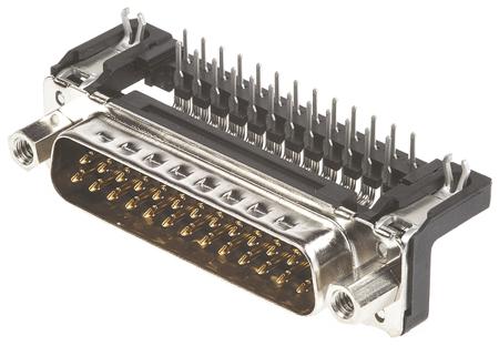09653626813 HARTING 25 Way Right Angle Through Hole D-sub Connector Plug, 2.76mm Pitch, with 4-40 UNC Female Screwlocks, Boardlocks