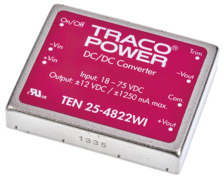 TEN-25-4822WI TRACOPOWER TEN 25WI 25 W, 30 W Isolated DC-DC Converter Through Hole, Vin 18 → 75 V dc, Vout ±12V dc