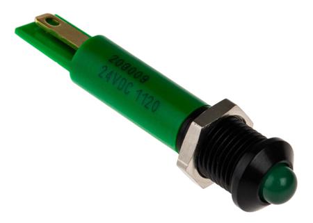 208-009 RS PRO Green Panel Mount Indicator, 24V dc, 8mm Mounting Hole Size, Solder Tab Termination