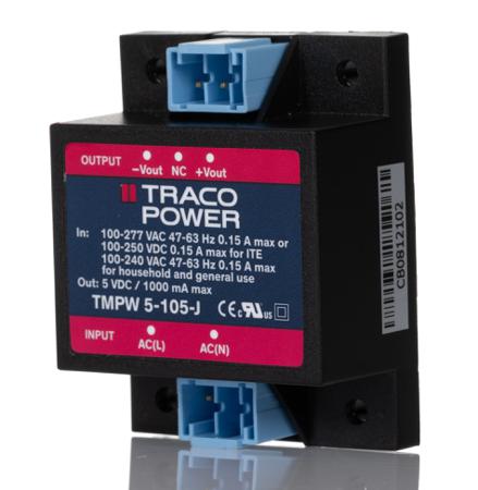 TMPW 5-105-J TRACOPOWER Switching Power Supply, , 5V dc, 1mA, 5W, Dual Output, 90 → 305V ac Input Voltage