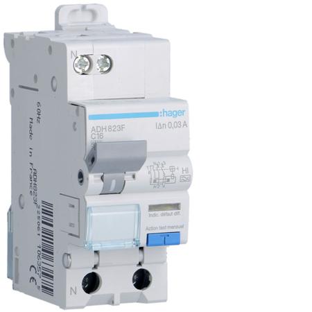ADH823F Hager RCBO, 16A Current Rating, 1P + N Poles, 30mA Trip Sensitivity, Type C