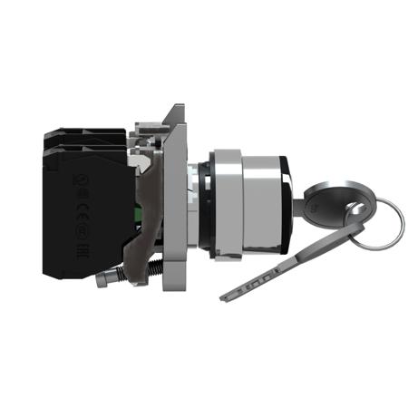 XB4BG03 Schneider Electric Harmony XB4 3 positions Metal Screw Key Switch 2NO, 6 A ac, 550 mA dc 22mm IP66, IP67, IP69, IP69K