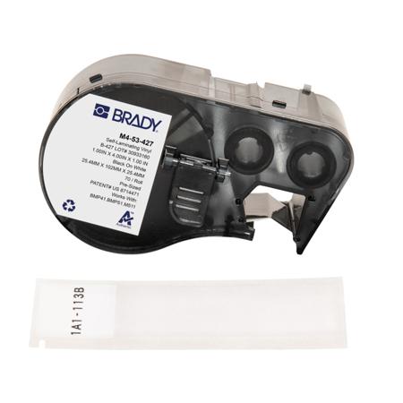 M4-53-427 Brady B-427 on Black on White, Transparent Label, 25.40 mm Width, 25.40mm Label Width
