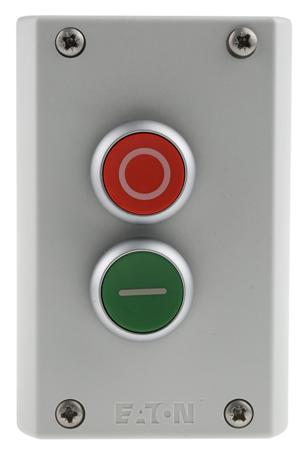 216529 M22-I2-M1 Eaton Momentary Enclosed Push Button - 2NO/2NC, Plastic, 2 Cutouts, Red/Green, O/I, IP67