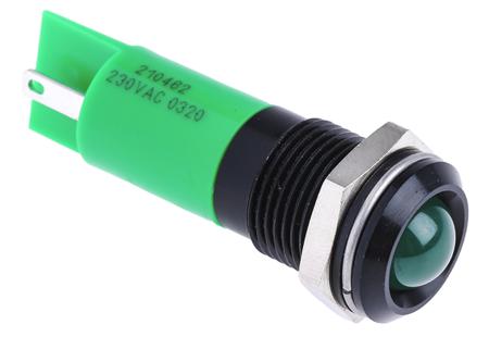 210-462 Prominent Indicator Panel Mount, 14mm Mounting Hole Size, Green LED, Tab Termination, 10 mm Lamp Size, 230 V ac