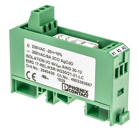 2940430 Phoenix Contact EMG 17-REL/KSR-W230/21-21-LC Series Interface Relay, DIN Rail Mount, 230V ac Coil, DPDT
