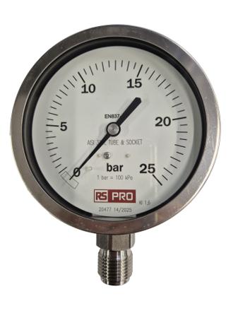 152-309 RS PRO BSP 1/2in Analogue Pressure Gauge 25bar Bottom Entry 100mm Outside Diameter