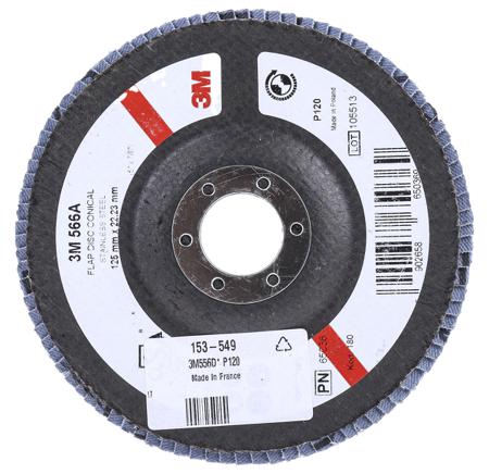 3M556D-B61795 3M Zirconia Aluminium Fine Flap Disc, P120 Grit, 12000rpm, 125mm x 22mm Bore