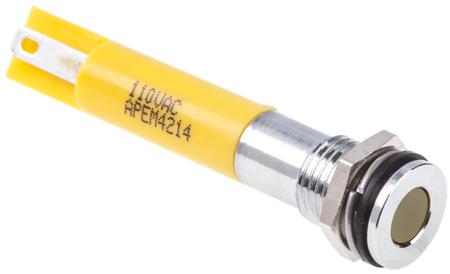 846-2784 Indicator RS Pro Yellow, IP67, 110 V ac, 8mm Mounting Hole Size, Solder Lug Termination