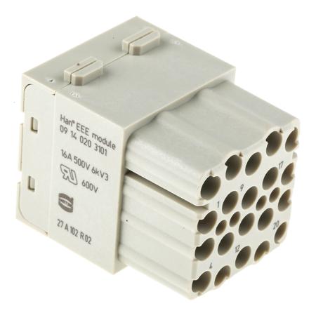 09140203101 HARTING Heavy Duty Power Connector Module, 16A, Female, Han-Modular Series, 20 Contacts
