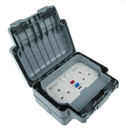 K56231GRY MK Electric , Masterseal plus 13A, BS Fixing, Active, 2 Gang RCD Socket, Polycarbonate, IP66, Grey Matt