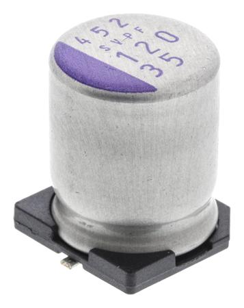 35SVPF120M Panasonic Aluminium Polymer Capacitor 120μF 35V dc 10mm F12 OS-CON Series, Surface Mount Polymer, ±20% 10 x 12.6mm