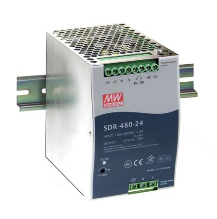 SDR-480-24 Switch Mode DIN Rail Panel Mount Power Supply, 480W, 24V dc/ 20A