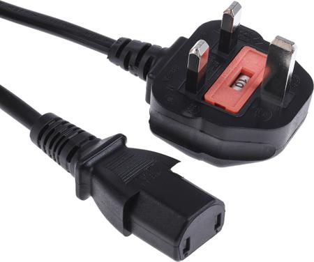 901-0756 RS PRO Straight IEC C17 Socket to Right Angle Type G UK Plug Power Cord, 2m