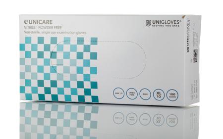 GS0035 Unigloves Unicare Blue Powder-Free Nitrile Disposable Gloves, Size 10, XL, Food Safe, 100 per Pack