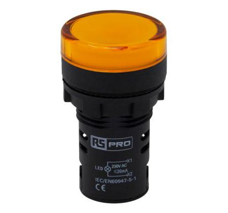 271-7495 RS PRO, Panel Mount Yellow LED Pilot Light, 22mm Cutout, IP65, Round, 230V ac