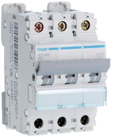 NEN363 Hager NEN MCB, 3P, 63A, 400V AC, 10 Breaking Capacity