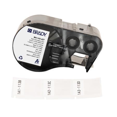 M4-143-427 Brady B-427 on Black on White, Transparent Label, 25.40 mm Width, 25.40mm Label Width