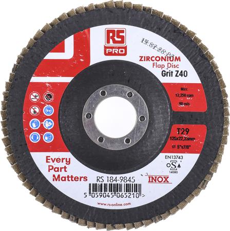 184-9845 RS PRO Zirconium Flap Disc, 125mm x 7mm Thick, 40+ Grade, P40 Grit, 5 in pack