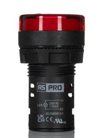 271-7489 RS PRO, Panel Mount Red LED Pilot Light, 22mm Cutout, IP65, Round, 230V ac