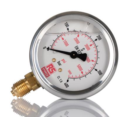 231-0196 RS PRO G 1/4 Bottom Entry Pressure Gauge 400bar, 0bar min.