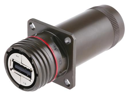 USBFTV2PE1G Amphenol Socapex Straight, Panel Mount, Socket- Single Port Type A 2.0 IP68 USB Connector