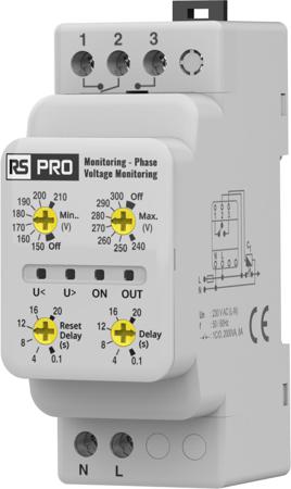 558-898 RS PRO Phase, Voltage Monitoring Relay, Single Phase, CO, 270 → 370, 410 → 510V ac, DIN Rail