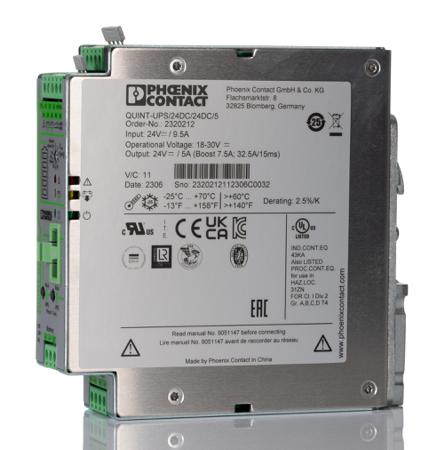 2320212 Phoenix Contact 24V dc Input DIN Rail Mount Uninterruptible Power Supply (120W), QUINT-UPS