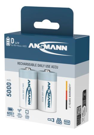 5030922 Ansmann MaxE NiMH Rechargeable D Batteries, 5000mAh