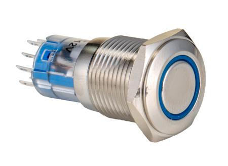 MP0045/1D2BL012 Bulgin Illuminated Push Button Switch, Momentary, Panel Mount, 16.2mm Cutout, DPDT, Blue LED