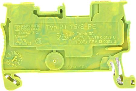 3208139 Phoenix Contact  PT 1.5/S-PE Series Green/Yellow, 0.14 → 1.5mm², Single-Level, Push In Termination, ATEX