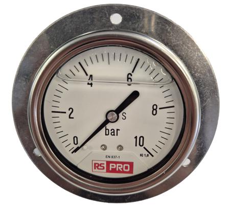 179-990 RS PRO BSP 1/4 Analogue Pressure Gauge 10bar Bottom Entry 63mm Outside Diameter