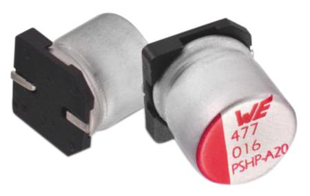 875115157010 Wurth Elektronik Aluminium Polymer Capacitor 1200μF 6.3V dc 10.5mm V-Chip WCAP-PSHP Series Aluminium, Surface Mount