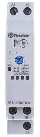 80.61.0.240.0000 Finder 80 Series Series DIN Rail Mount Timer Relay, 24 → 240V ac/dc, 1-Contact, 0.05 → 180s, 1-Function,