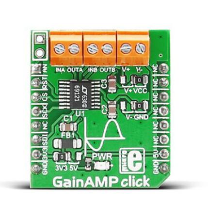 MIKROE-2555 MikroElektronika , GainAMP click Programmable Gain Amplifier mikroBus Click Board for Automatic Gain