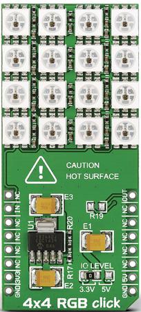 MIKROE-1881 MikroElektronika , 4x4 RGB Click LED Matrix Display Add On Board With WS2812, MCP1826 LDO regulator