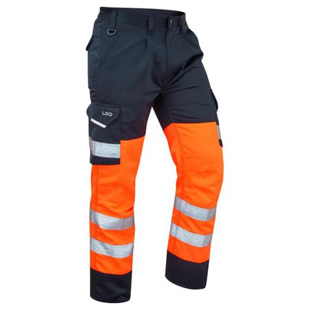 CT01-O-NV-LEO-56R Leo Workwear BIDEFORD Orange/Navy Durable Hi Vis Trousers