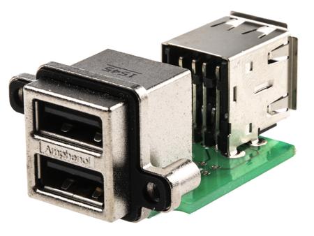 MUSBC31130 Amphenol Communications Solutions Right Angle, Through Hole, Socket- Dual Port Type A USB Connector
