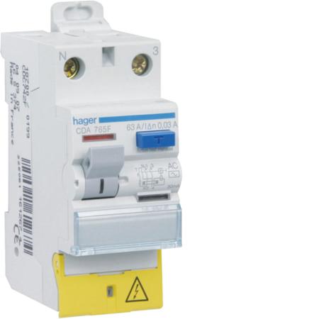 CDA765F Hager CDA RCD Switch, 63A, 2 Pole, 30mA, Type A, 230V