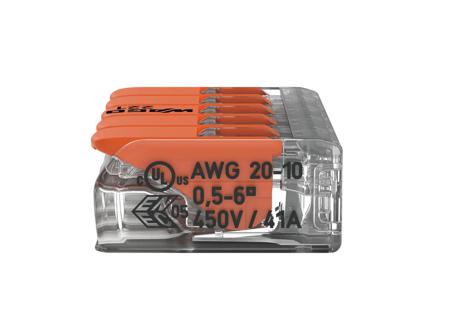 221-615 Wago 221 Terminal Block Connector, 5 Way/Pole, Cage Clamp Terminals, 0.5 → 6 mm², 20 → 10 AWG Cable Mount