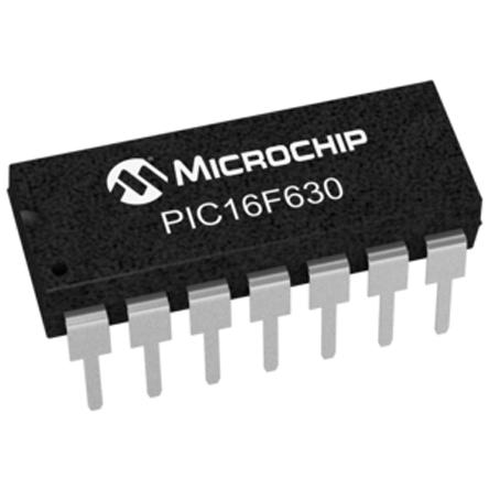 PIC16F630-I-P Microchip PIC16F630-I/P, 8bit PIC Microcontroller, 20MHz, 128 B, 1024 x 14 words Flash, 14-Pin PDIP
