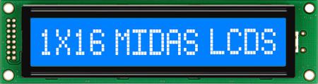 MC11615A6W-BNMLW-V2 Midas  MC11615A6W Alphanumeric LCD Display, White on Blue, 1 Row by 16 Characters, Transmissive