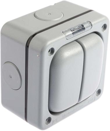 K56402GRY Grey 10 A Flush Mount Rocker Light Switch Grey 20 mm, 1 Way Screwed Matte, 2 Gang BS Standard, 250 V ac 95mm Neon IP65