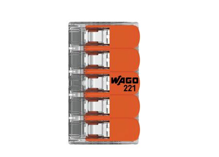 221-615 Wago 221 Terminal Block Connector, 5 Way/Pole, Cage Clamp Terminals, 0.5 → 6 mm², 20 → 10 AWG Cable Mount