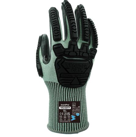 WG88FP0912 Wonder Grip IRONPRO Black, Green HPPE, Mineral Fibre, Polyester, Spandex Work Glove, Size 9, Nitrile Coating