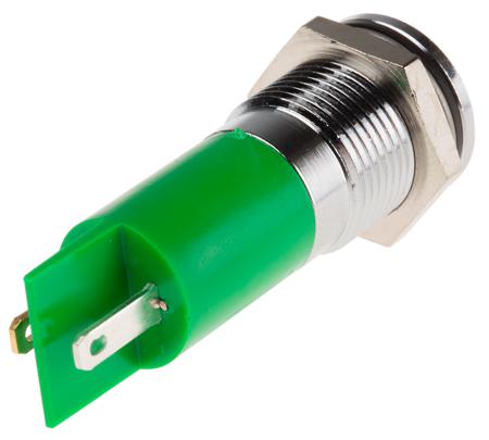 848-4554 Flush Indicator Panel Mount, 14mm Mounting Hole Size, Green LED, Faston, Solder Lug Termination, 10 mm Lamp Size