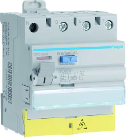 CFC864F Hager CFC RCD Switch, 63A, 4 Pole, 300mA, Type AC, 230 → 400V