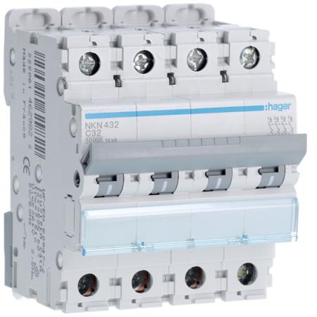 NKN432 Hager Hager NKN Circuit Breaker, 4P, 32A Curve C, 400V AC, 15 kA Breaking Capacity
